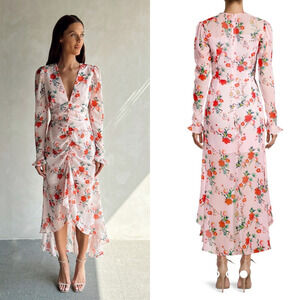 Sau Lee Ciara Floral Pink Ruffle  High Low Midi Tiered Dress Size 6